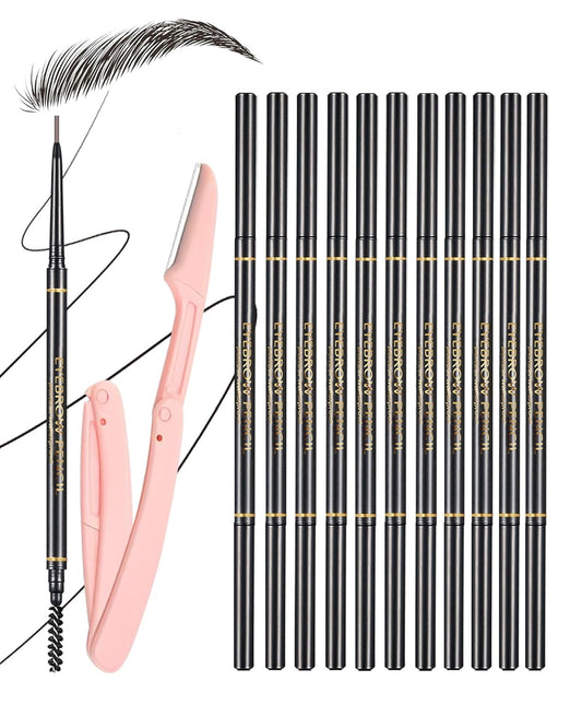 Black Eyebrow Pencils for Women, 12Pcs Ultra Slim Eyebrow Pencil with 2 Brow Razors Kit, Double Head 1.5mm Micro-Fine Tip & Spiral Brush, Can Draw Fine and Long-Lasting Brows Makeup