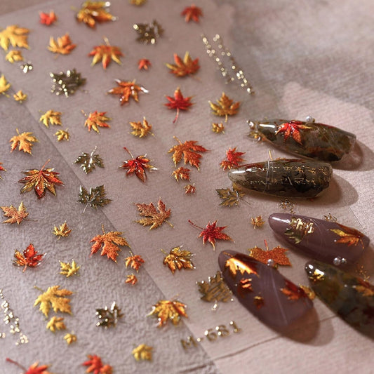 5D Embossed Autumn Maple Leaves Nail Stickers Maple Leaf Nail Stickers Fall Nail Art Decals Design Sticker Thanksgiving Nails Decals Autumn Gold Nails Supplies for Women Girls Manicure Decoration