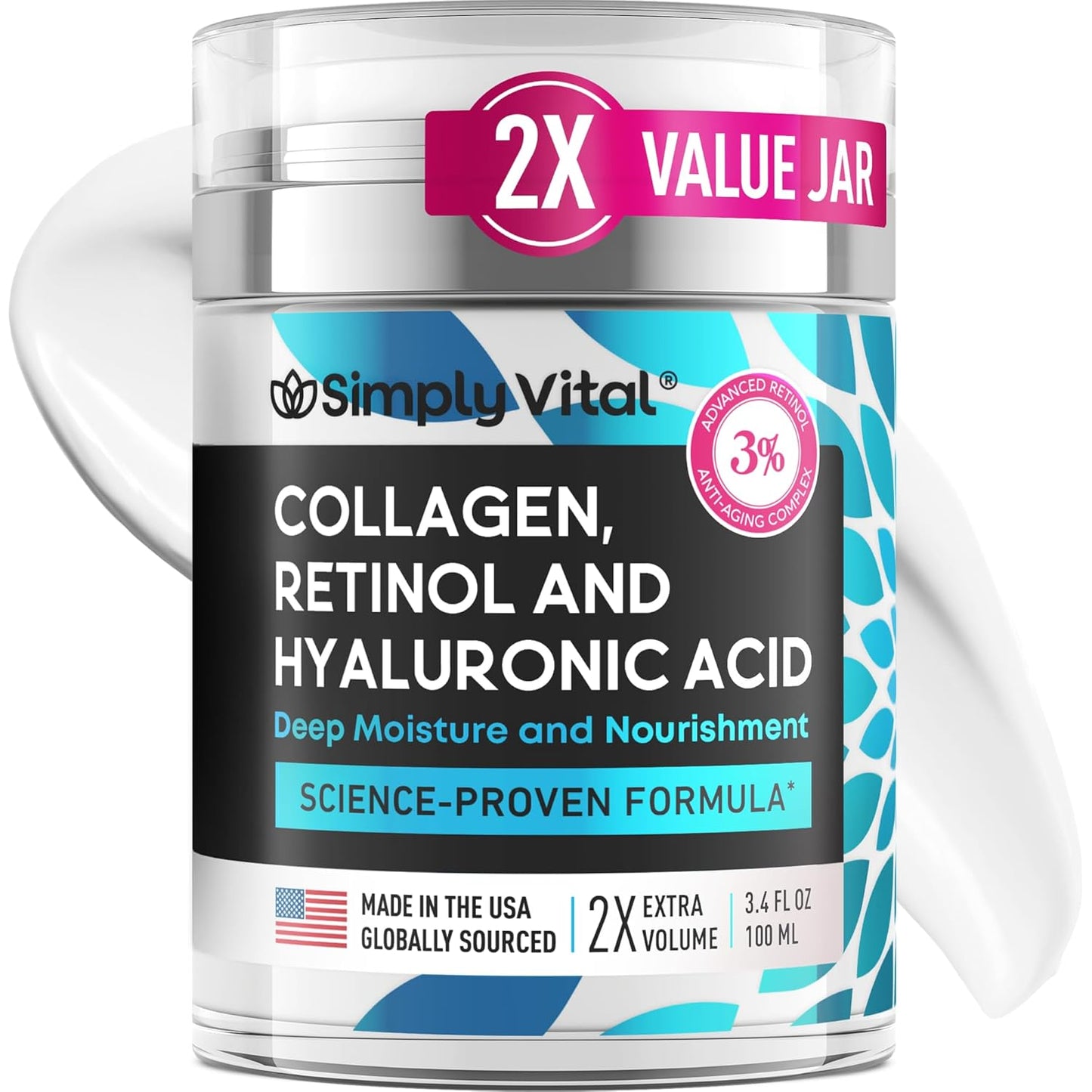 SimplyVital Collagen, Retinol & Hyaluronic Acid Cream - Anti-Aging Retinol Cream for Face, Neck & Décolleté - Made in USA - Daily Moisturizer Face Cream - 3.38 fl oz