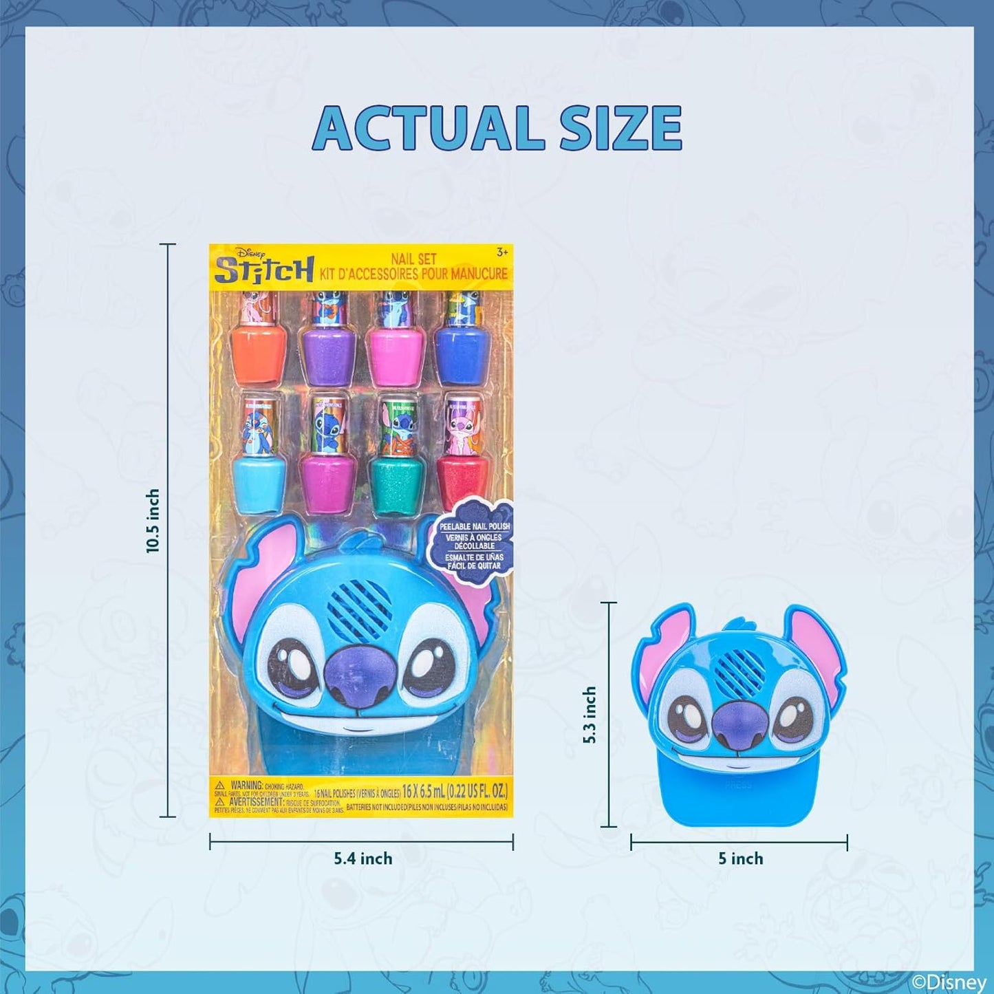 Townley Girl Disney Stitch 16 Piece Water-Based Nail Polish with Nail Dryer, Peel-Off Nail Polish with Water, Shimmer and Opaques Colors, AA Batteries Not Included, Ages 3