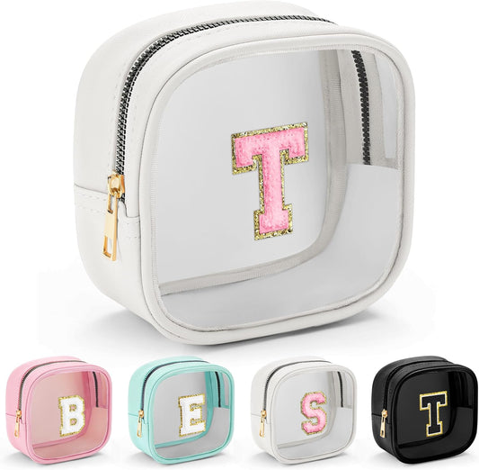 YOOLIFE Initial Make Up Bag Travel Toiletry Bag, Clear Makeup Bag Preppy Cosmetic Bags Organizer Travel Essentials Gifts for Women Teen Girlfriend Teacher Mom Birthday Mothers Day Gifts White T