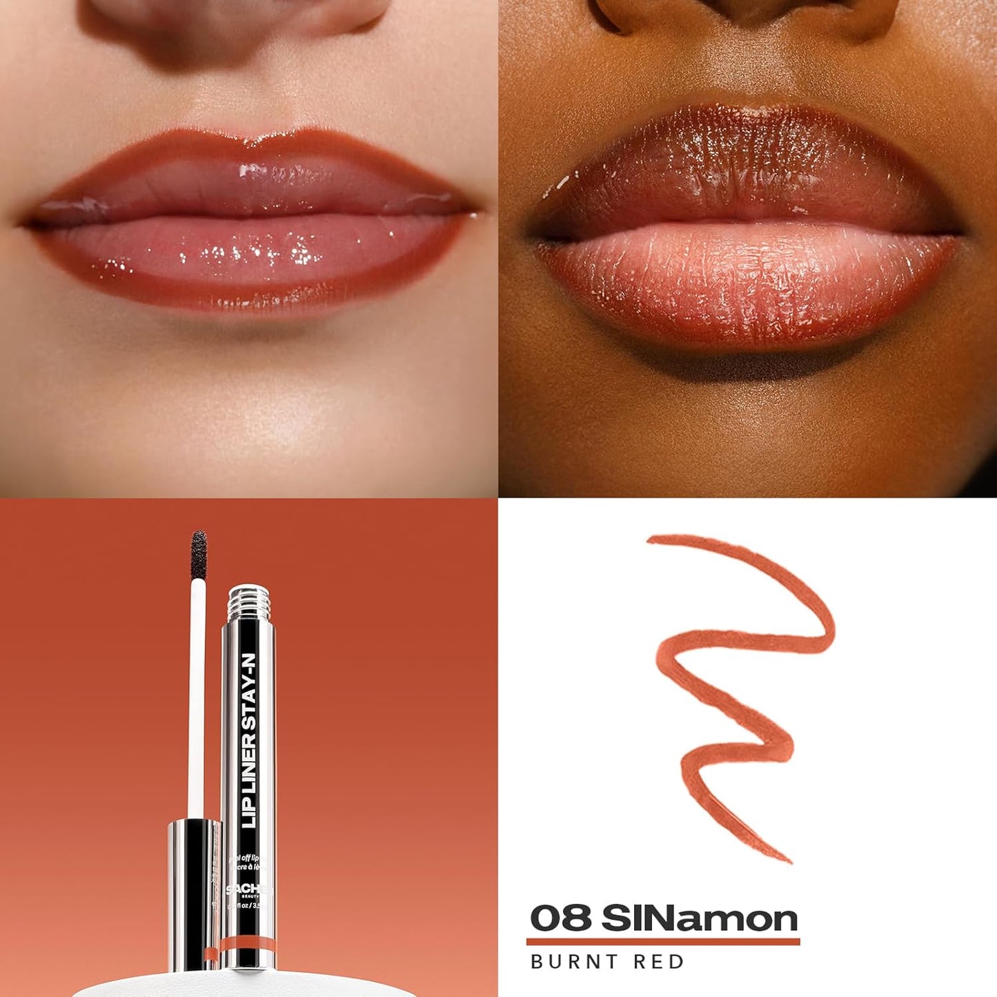 Sacheu Lip Liner Stay-N Peel Off Lip Stain — Long Lasting Matte Lip Tattoo Transfer Proof Lipstain Infused with Hyaluronic Acid & Vitamin E for All Skin Types — Vegan & Cruelty-Free, SINamon