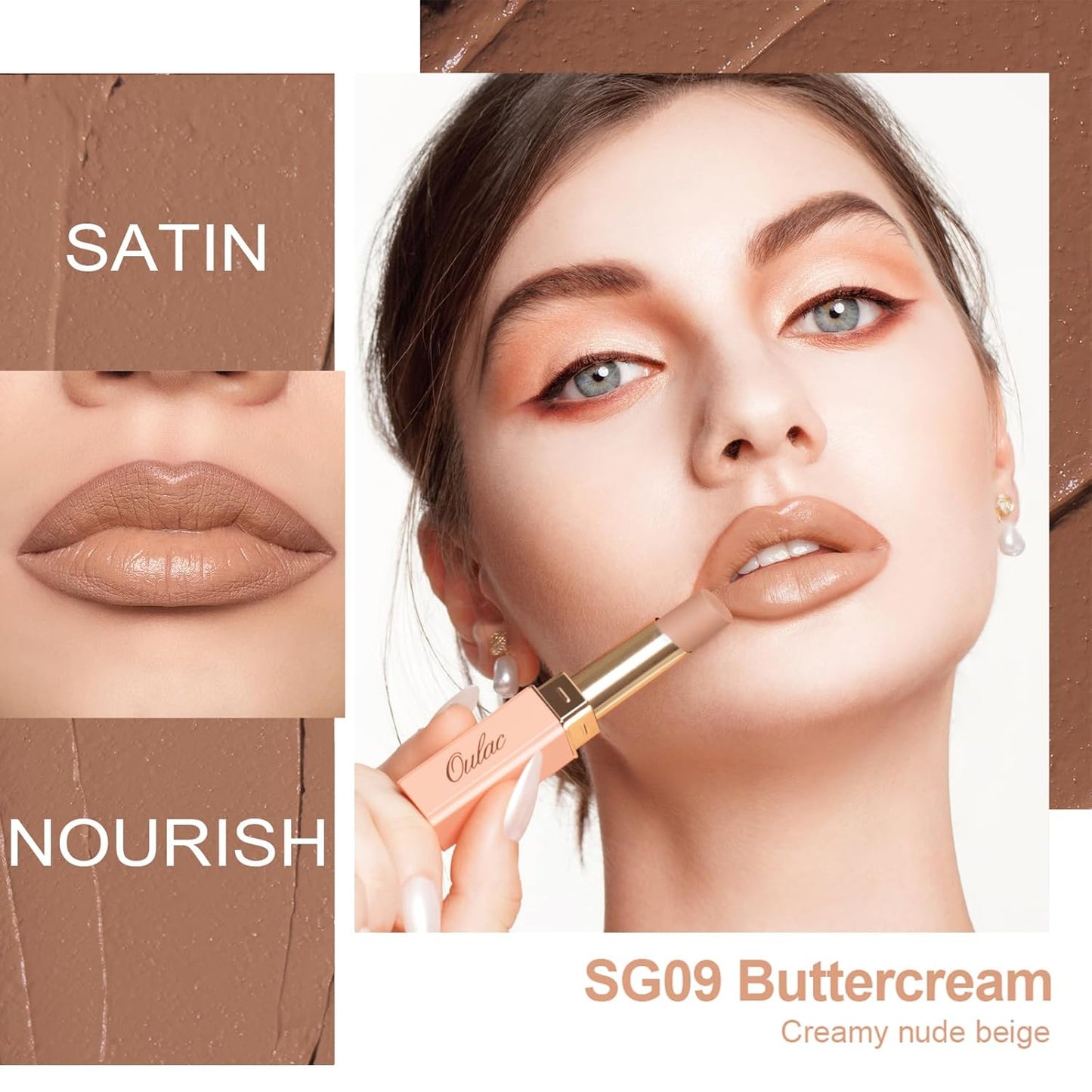 Oulac Color Rich Satin Lipstick - Nude Beige Full Coverage Lip Color, Creamy Silky-Smooth, Moisturizing, Satin Matte Finish, Infused With Shea Butter, Vegan & Clean Beauty, 4g, SG09 Buttercream