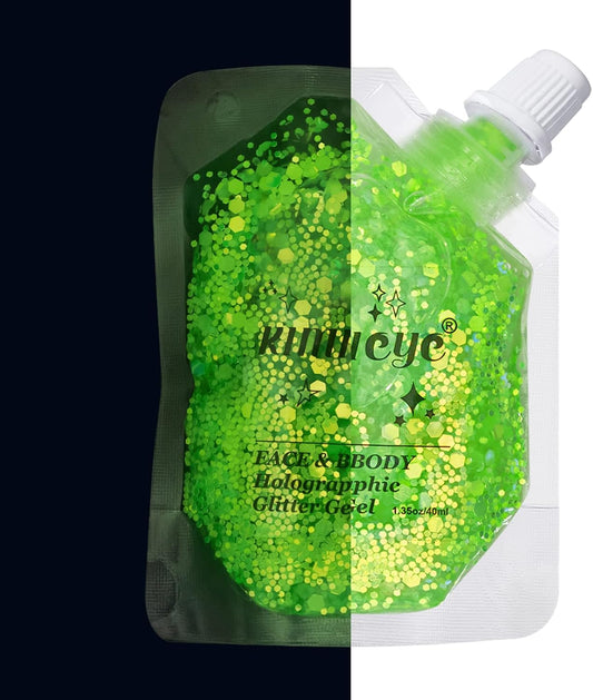 Holographic Face Glitter Gel Body Shimmer Makeup for for Hair, Face, Clavicle, Arm, Nail, Eyeshadow, Long Lasting Waterproof Mermaid Sequins Party Glitter for Rave Festival, 1.35oz (Luminous Green)