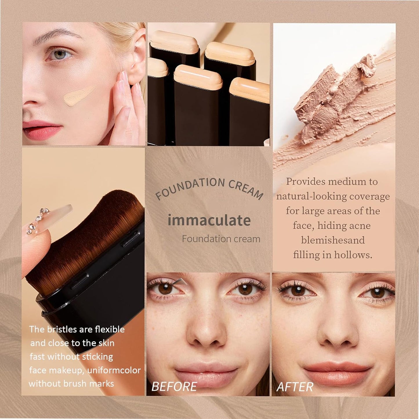 Face Foundation Concealer Stick,2-in-1 Long-wear Lightweight Contour Brighten Stick Blemish with Brush, Waterproof, Hydrating Full Coverage Dark Circles & Blemishes (02#Natural)