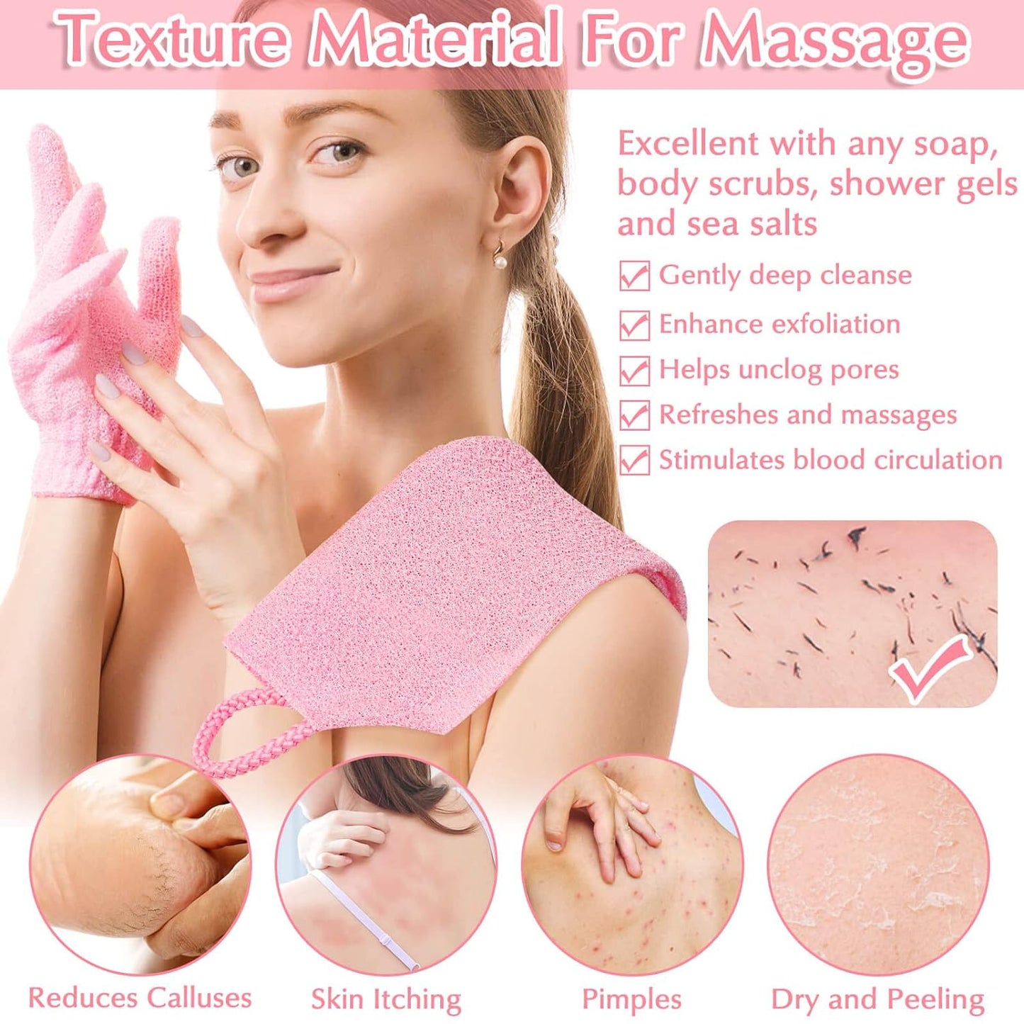Anezus Exfoliating Shower Bath Gloves Back Scrubber Set for Body, Face, Shower, Bath, Scrub and Exfoliator (Pink)