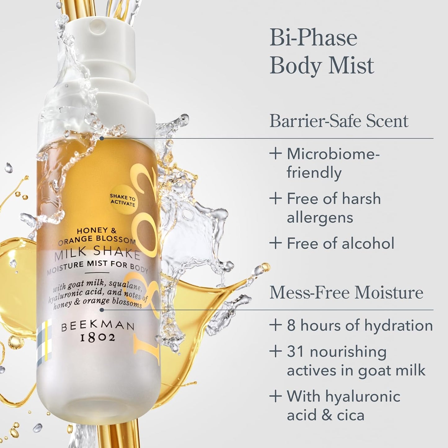 Beekman 1802 Milk Shake Body Mist - Honey & Orange Blossom 2 fl oz - Hyaluronic Acid, Jojoba Oil, Instantly Moisturizes, Hydrates & Softens, Good for Sensitive Skin, Cruelty Free