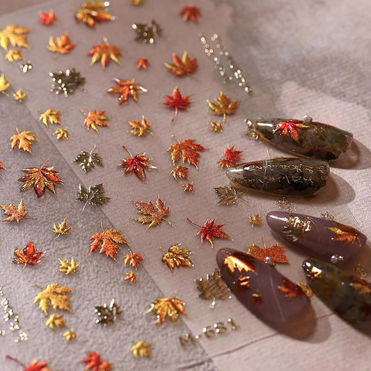 Fall Nail Stickers 1Sheed 3D Embossed Nail Art Stickers Holographic Nails Decals DIY Self-Adhesive with Maple Leaves Gradient Designs for Women Girls Autumn Elegant Nail Art Decorations