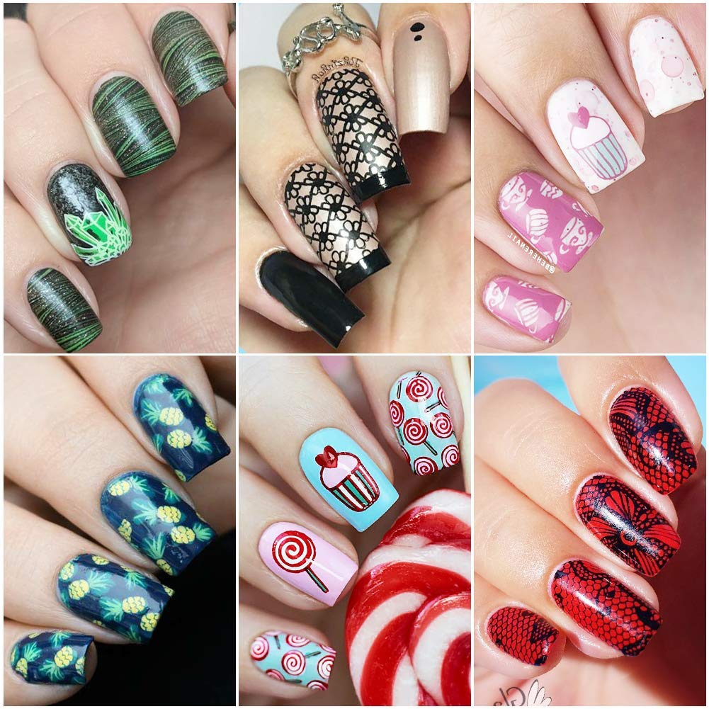 BORN PRETTY Nail Art Stamping Plates Set, Food, Bunnies, Flowers, Lace, Tropical, French Tip Themes Manicuring DIY Nail Templates Plates Print Tool Set