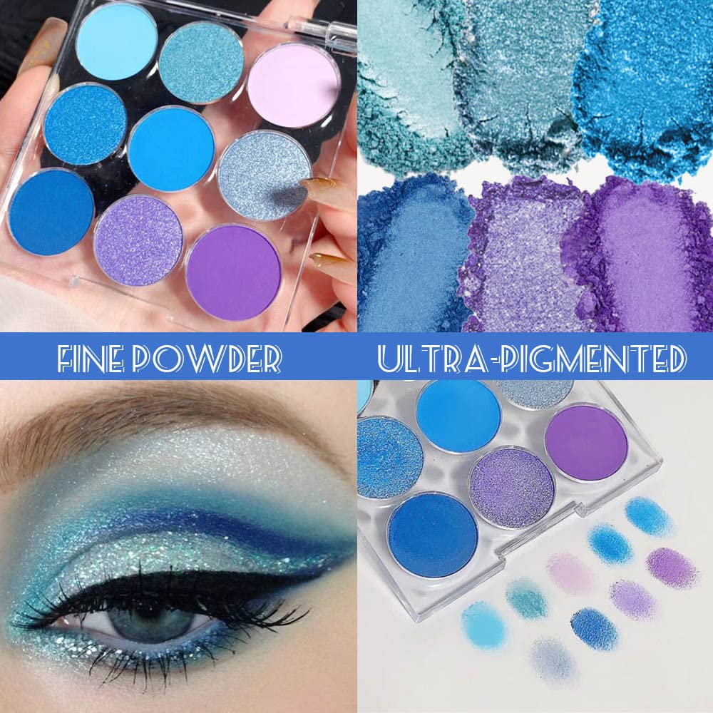 9 Colors Shimmer Matte Blue Eyeshadow Palette.Highly Pigmented Light Blue Eyeshadow Dark Blue Eye shadow Paleta.Blendability Shiny Matte Blue Makeup Powder Palet.paleta de sombras de ojos azul