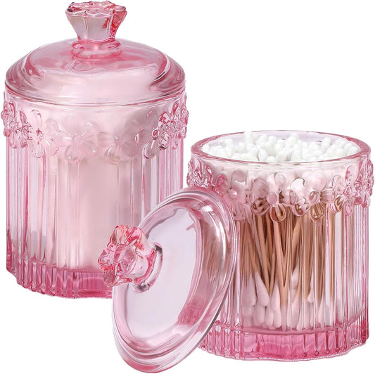 rejomiik 2 Pack Qtip Holder Glass Apothecary Jars with Lids Set Bathroom Canisters Dispenser Organizers and Storage for Cotton Swabs, Balls, Pads, Floss Picks, Candy, Pink