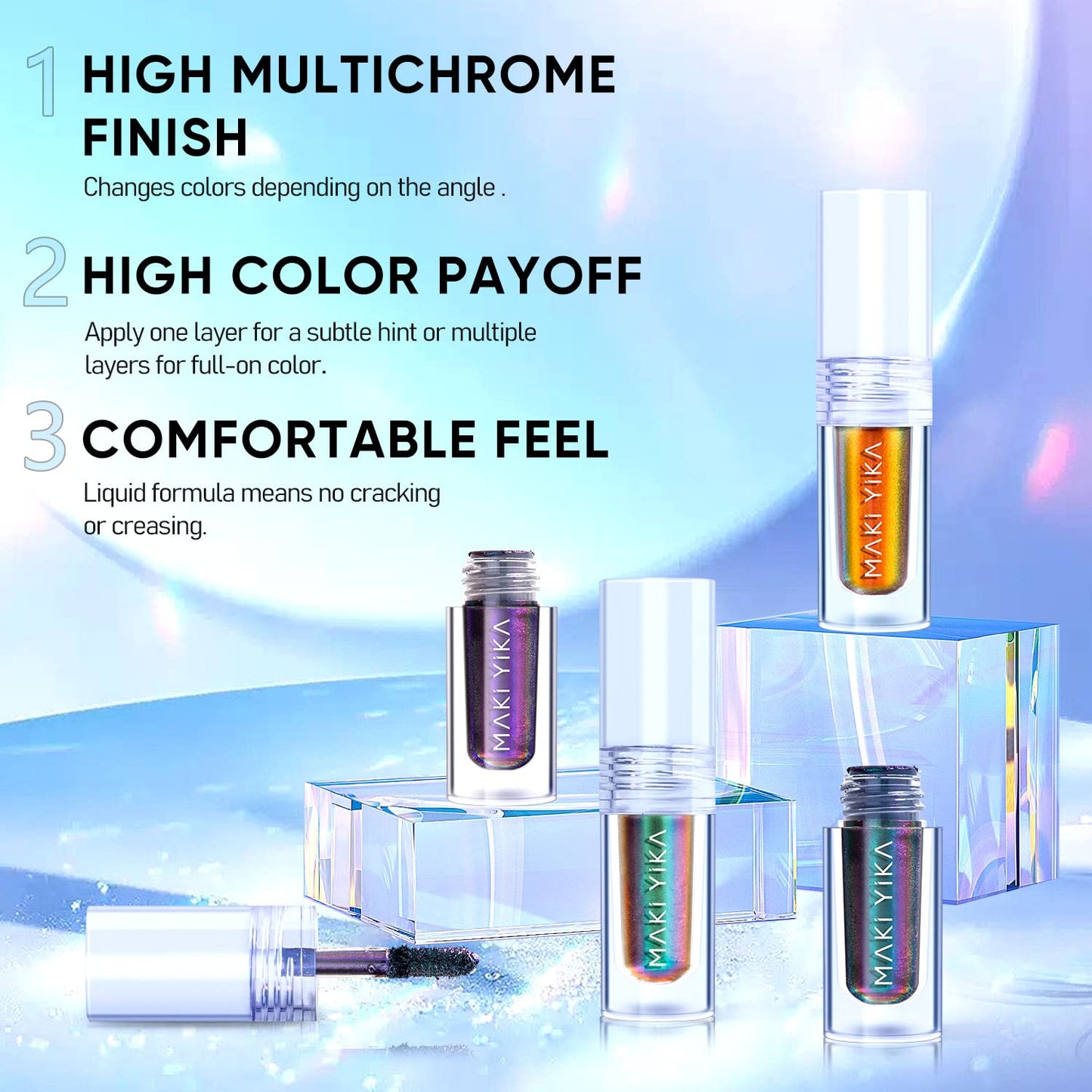 MAKI YIKA 3Pc Glitter Eyeshadow Liquid Multichrome Eyeshadows Long Lasting, Metallic Chameleon Eye Shadow Smudgeproof Holographic Eye Topper Glitters (#1+2+6)