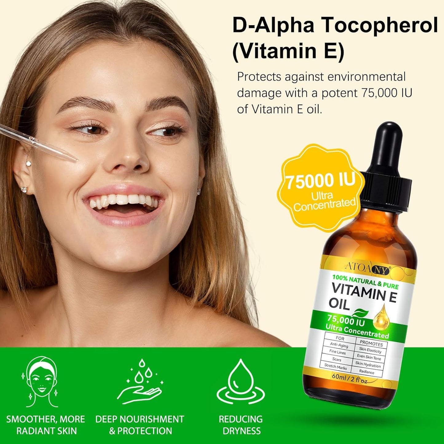 Vitamin E Oil, 75,000 IU Organic Pure Vitamin E Oil for Tightening Plump Skin, Reduce Fine Lines & Scars, Moisturizing Skin, Face & Full Body- 2Fl Oz