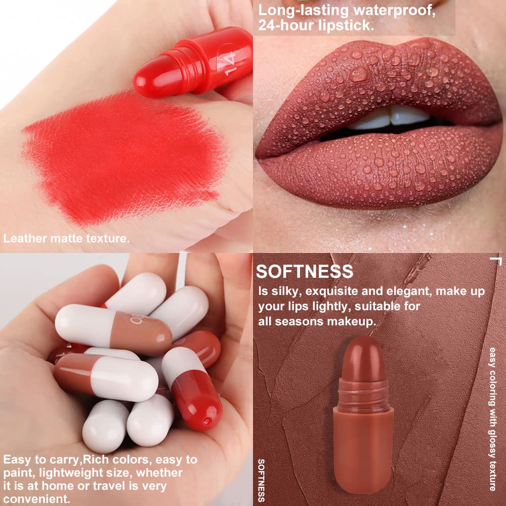 evpct 18 Pcs Capsule Pills Lipstick Mini Matte Lipstick Set for Women Long Lasting labiales mate 24 horas originales Deep Red 24 Hours Waterproof Stay on Lip liner Set Sampler