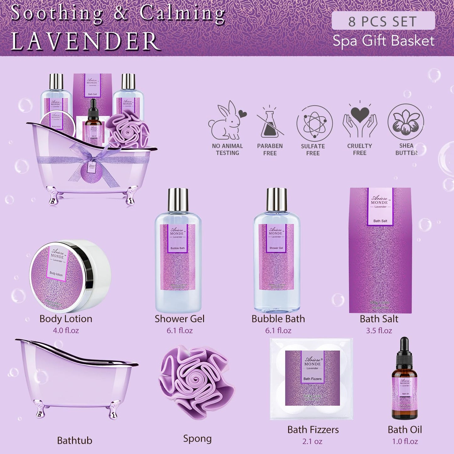 Bath Sets for Women Gift, Bath and Body Gifts Set, Lavender Spa Gift for Self Care Includes Body Lotion, Shower Gel, Bath Salts, Relaxing Bath Sets for Mom, Grandma, Girlfriend, Sister, Friends
