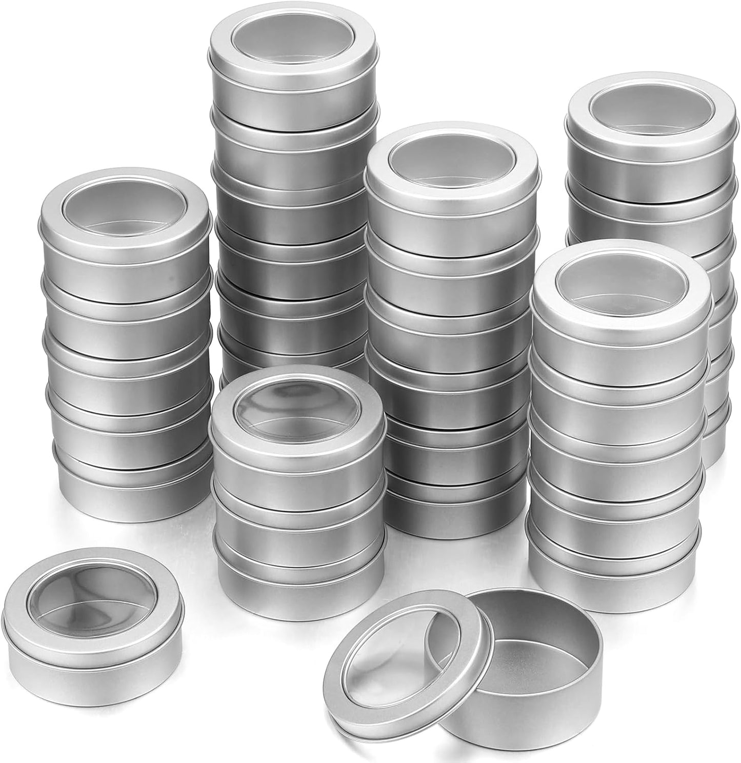 TecUnite 100 Pack 2 Ounce Metal Tin Cans Round Empty Container Salve Tins with Clear Lid for Kitchen, Office, Candles, Candies