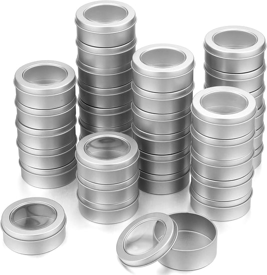 TecUnite 100 Pack 2 Ounce Metal Tin Cans Round Empty Container Salve Tins with Clear Lid for Kitchen, Office, Candles, Candies