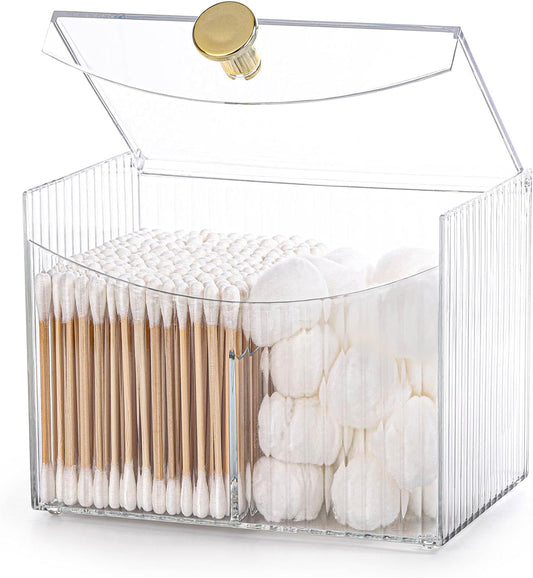 acDesign 2 Slot Qtip Holder Dispenser Rectangle Cotton Ball and Swab Holder Organizer with Lid Clear Bathroom Organizer Jar for Bathroom Vanity