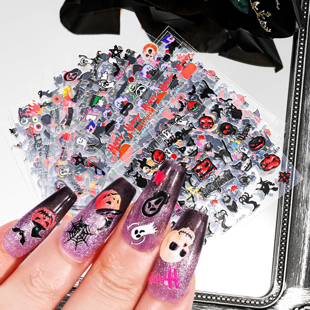 24 Sheets Halloween Nail Art Stickers Pumpkin Nail Stickers Self-Adhesive Nail Art Charms Nail Decals Ghost Sticker Nail Supplies Halloween DIY Nail Art Decoration Accessories for Women Kid Girls