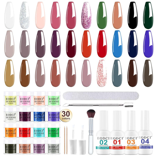 Dip Powder Nail Kit Starter, 30 Colors Dip Nails Skin Nude Brown White Green Glitter, Dark Color Acrylic Dipping Powder Liquid Set with Base/Top Coat Activator Brush Saver for Manicure DIY Gift