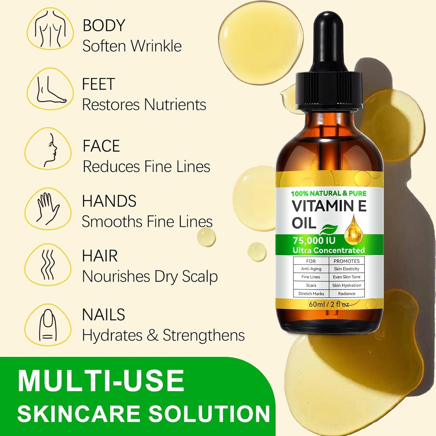 Vitamin E Oil for Skin 75,000 IU, 2Fl Oz Pure Vitamin e Oil for Scars, Hair, Face and Scalp, Moisturizing Dry Skin, Reduces Winkles and Fine Lines, Perfect Bath and Body Oils
