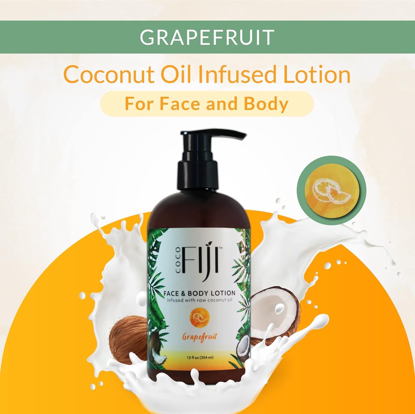 Coco Fiji Face & Body Lotion Infused With Coconut Oil | Lotion for Dry Skin | Moisturizer Face Cream & Massage Lotion for Women & Men | Grapefruit 12 oz, Pack of 1