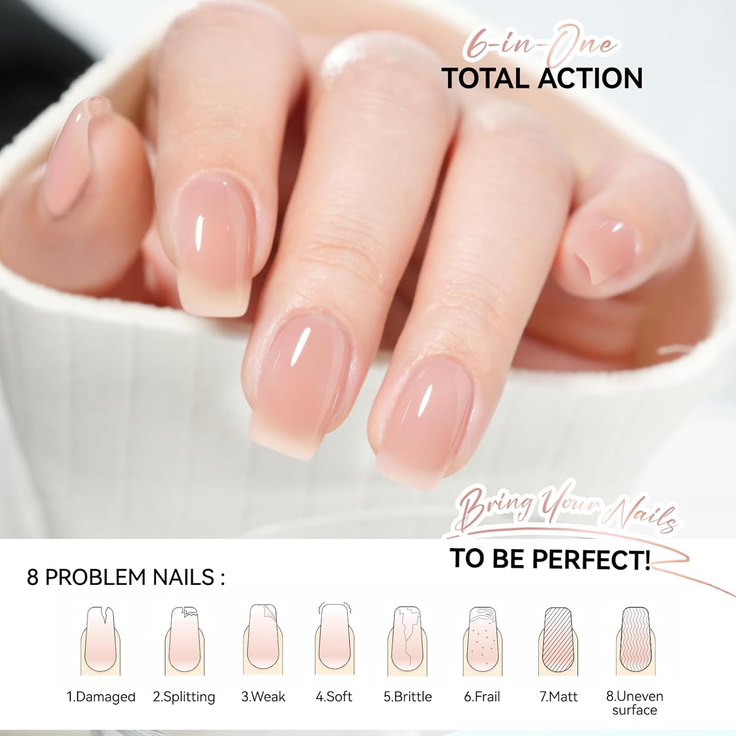 Gelike EC Nail Strengthener for Woman: Nude Blush 15ml 6 in 1 Natural Nail Hardener Extra Strong and Growth - Nail Polish Hardener for Weak and Damaged Nails