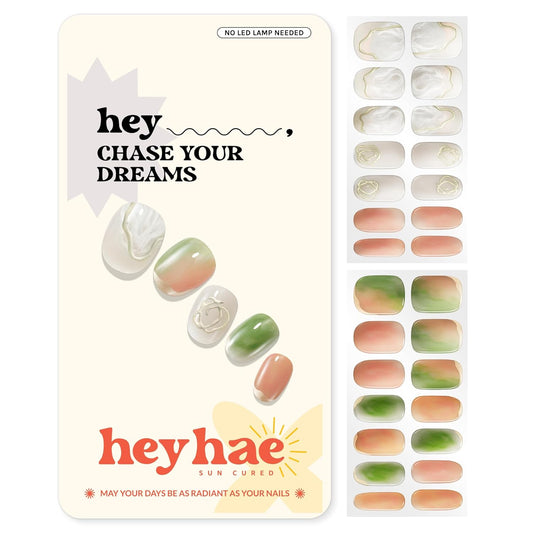 Semi Cured Gel Nail Strips | No LED Lamp Needed | Marble, Glitter, Spring | Easy Apply & Remove, Salon Quality |Includes 28 Strips, 1 Prep Pads, Nail File & Wooden stick- Hey, Chase Your Dreams