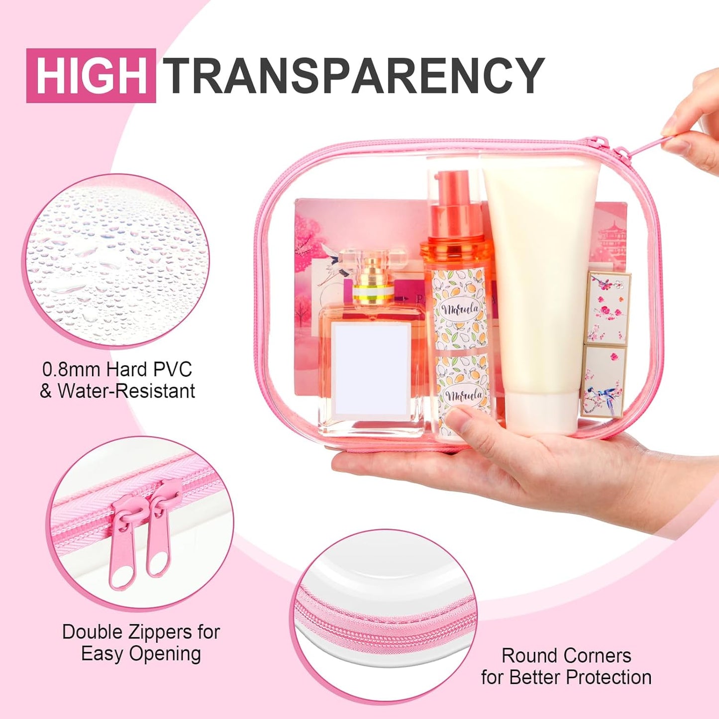Sanwuta 6 Pcs Clear Hard Zipper Case Pencil Pouches Hard Plastic Zipper Pouches Makeup Bag Transparent Cases for Snacks Plastic Storage Organizer Box for Travel(Pink,7.87 x 5.9 x 2 Inch)