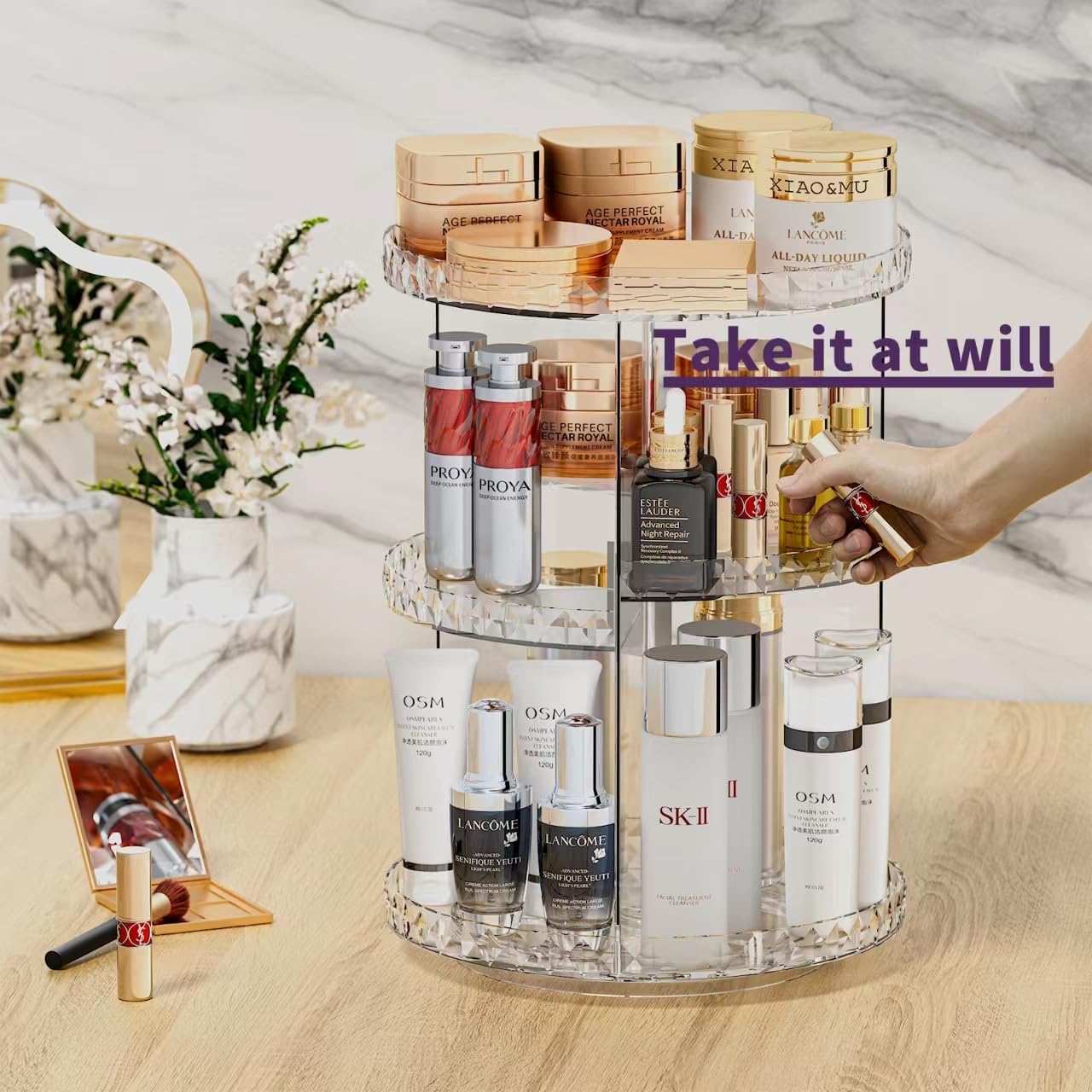 ZHIAI 360 Rotating Makeup Organizer, Large Capacity Cosmetics Organizer for Perfume Holder Organizer Countertop, DIY Adjustable Bathroom Makeup Carousel Holder Rack, Clear Diamond