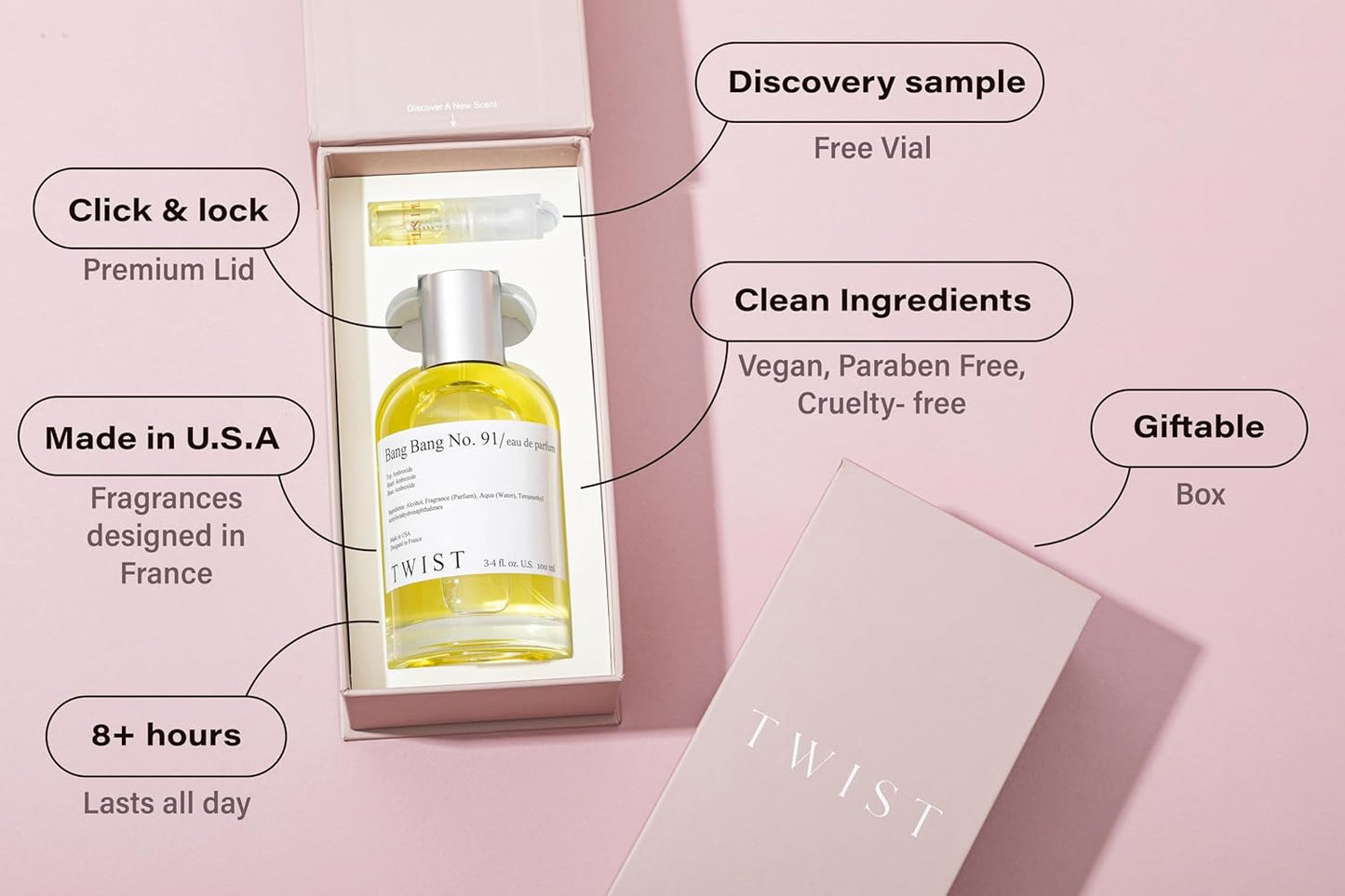 Twist Bang Bang No. 91 Inspired by Juliette H. a G. Not A Perfume, Long Lasting Perfume For Women, Musk & Powder, Clean Ingredients, Fragrance - Spray 100 ml | 3.4 fl. oz.