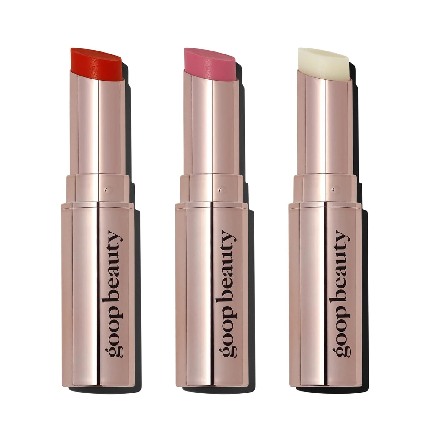 goop Beauty Lip Balm Trio | Clean Moisturizer for Chapped, Cracked & Dry Lips | Clear, Peony, & Tomato | Tinted for Sheer Color | Petroleum Free | 0.16 fl oz Each