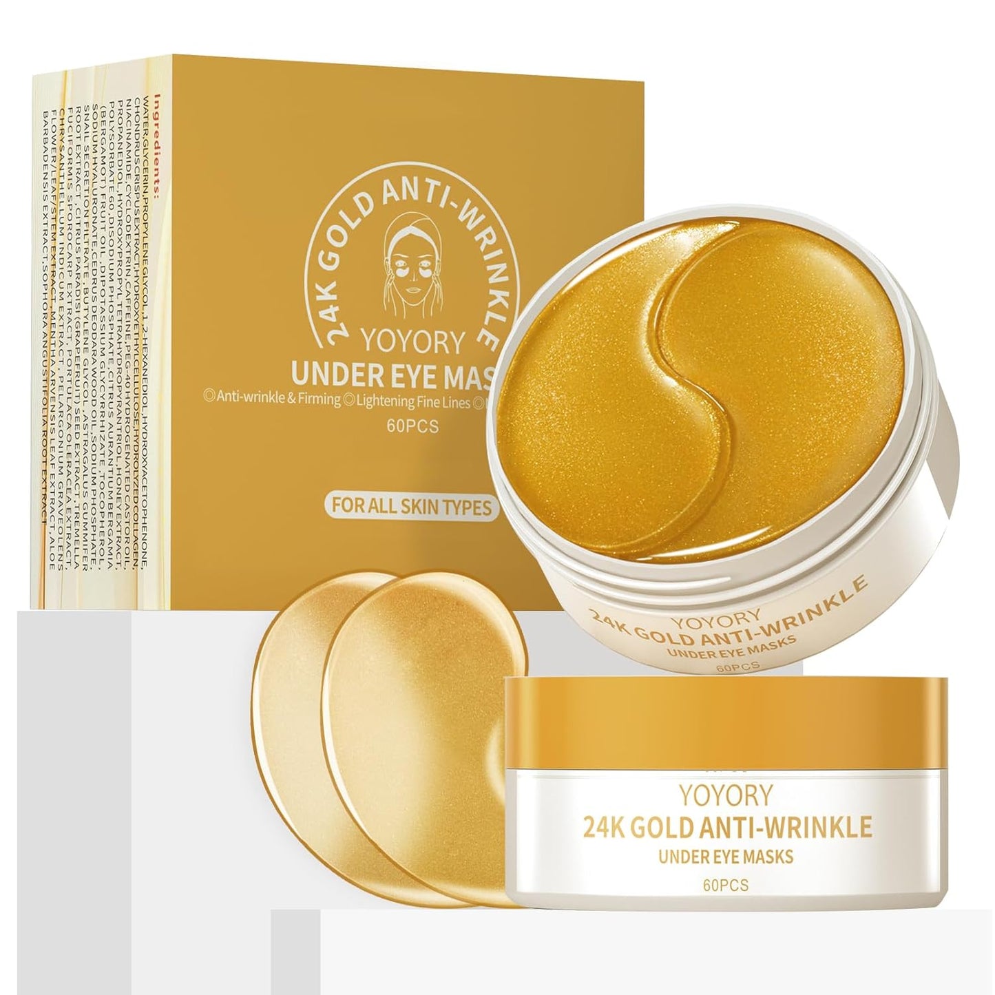 Under Eye Patches Masks - 24K Gold Eye Patch for Dark Circles & Puffy Eyesg,Fine Lines,Eye Bags Collagen Infused with Hyaluronic Acid Wrinkle Smoothing, Hydration & Firming Care (30 Pairs) Gold