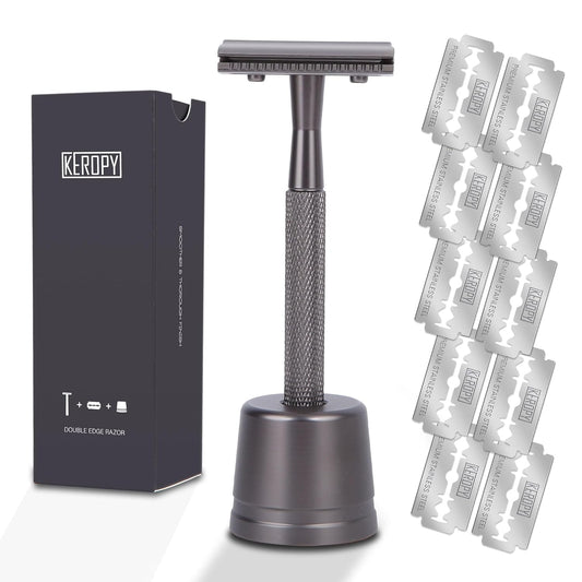 Double Edge Razor With Stand and 10 Premium Stainless Steel Blade Safety Razors For Men Shaving Razor, Matte Black Double Edge Safety Razor, Gun Black
