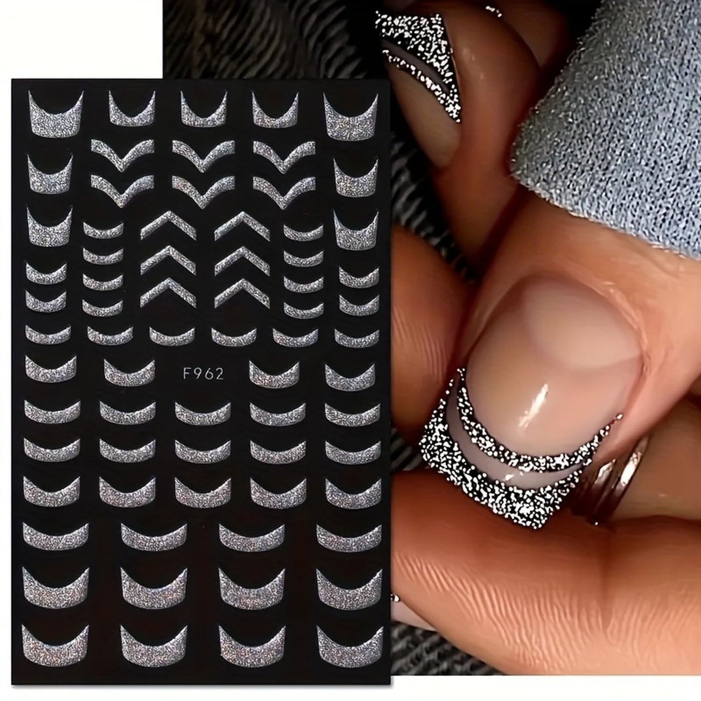 6 Sheets 3D Self-Adhesive French Tip Nail Art Stickers Decals Silver Glitter Nail Stickers Sparkly Nail Decorations Decals Curved Lines Nails Art Designs for Women DIY Nail Art Accessories