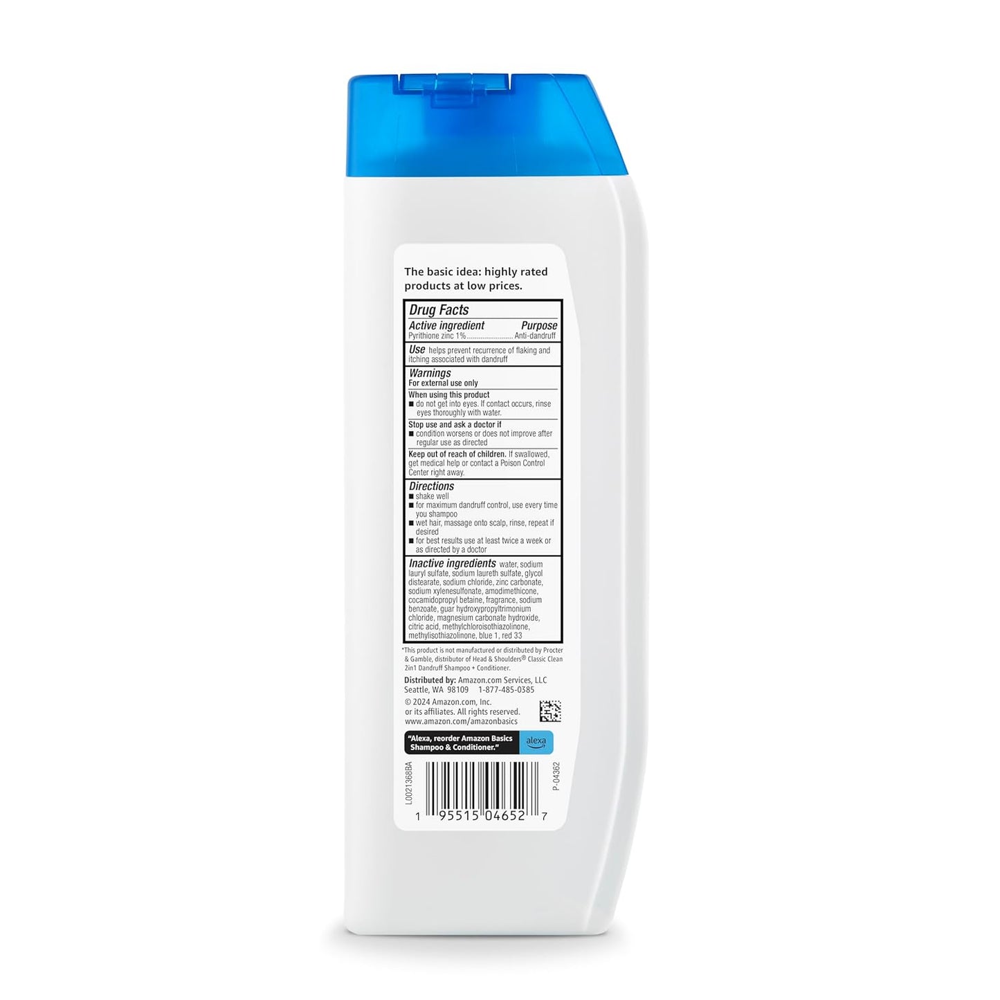 Amazon Basics 2-in-1 Dandruff Shampoo and Conditioner, Gentle, pH Balanced, 12.5 Fl Oz (Pack of 6) (Previously Solimo)