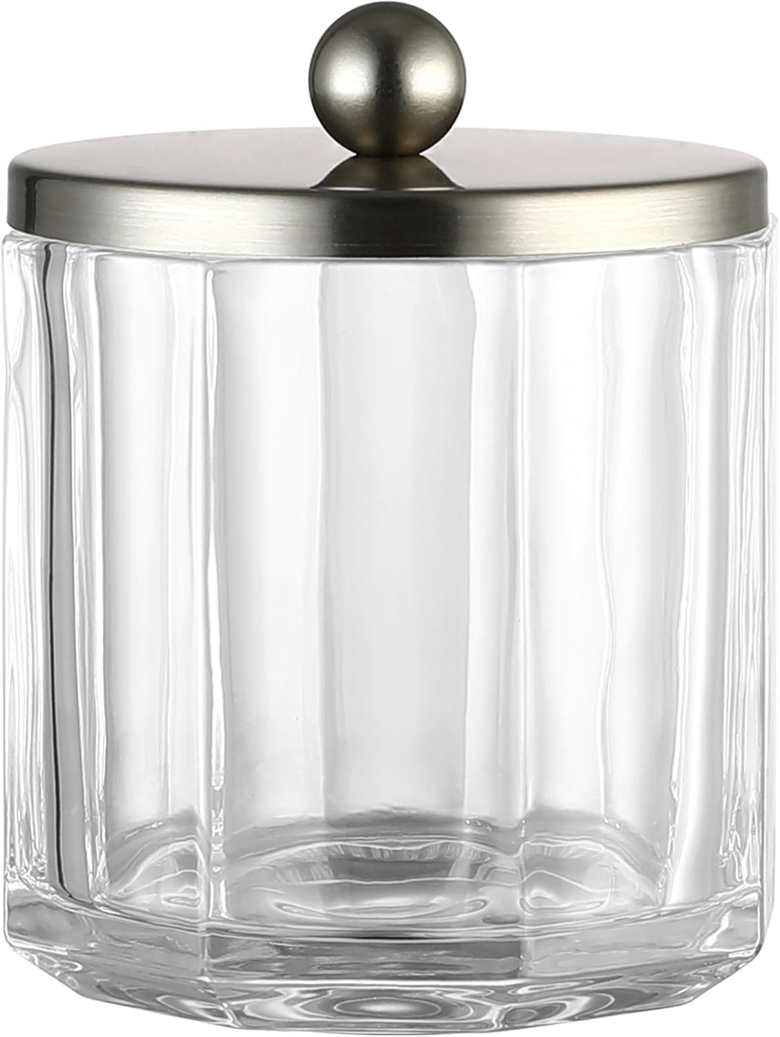 Home Glass Cotton Jar Holder Nickel Lid, Elegant Bathroom Storage Canister for Qtips, Cotton Balls, Floss, Makeup Organizer, Vanity Bathroom Organization