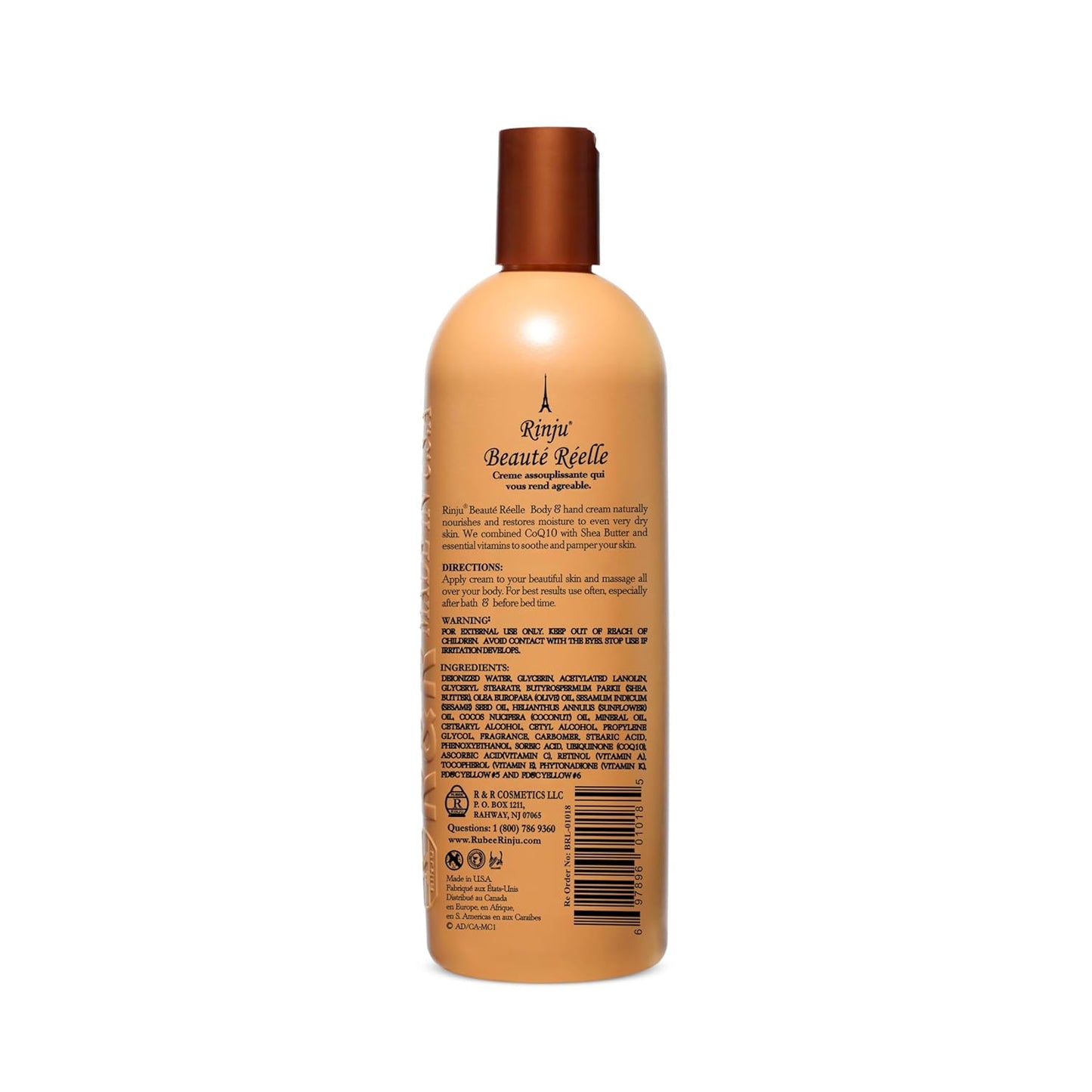 Rinju Beaute Relle Body and Hand Cream 16 oz. (Case of 12) - Shea Butter Cream for Dry Skin - Vitamin E, A & K Moisturizer