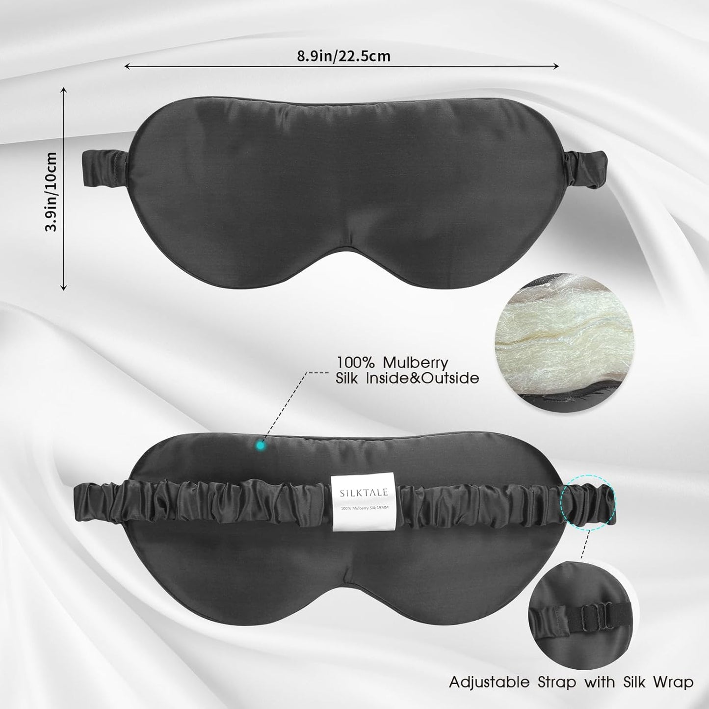 Mulberry Silk Blackout Adjustable Sleep Eye Mask for Men/Women Travel Plane,Charcoal