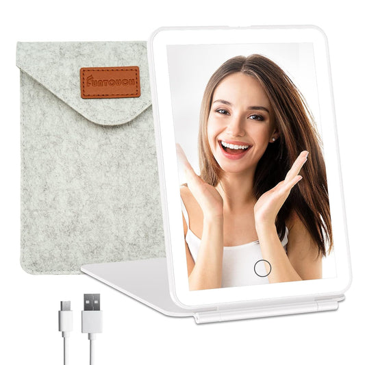FUNTOUCH Rechargeable Travel Makeup Vanity Mirror with 72 LED Lights, Portable Lighted Beauty Mirror, 3 Lighting Modes, Dimmable Touch Screen, Tabletop Folding Cosmetic Mirror with Storage Bag