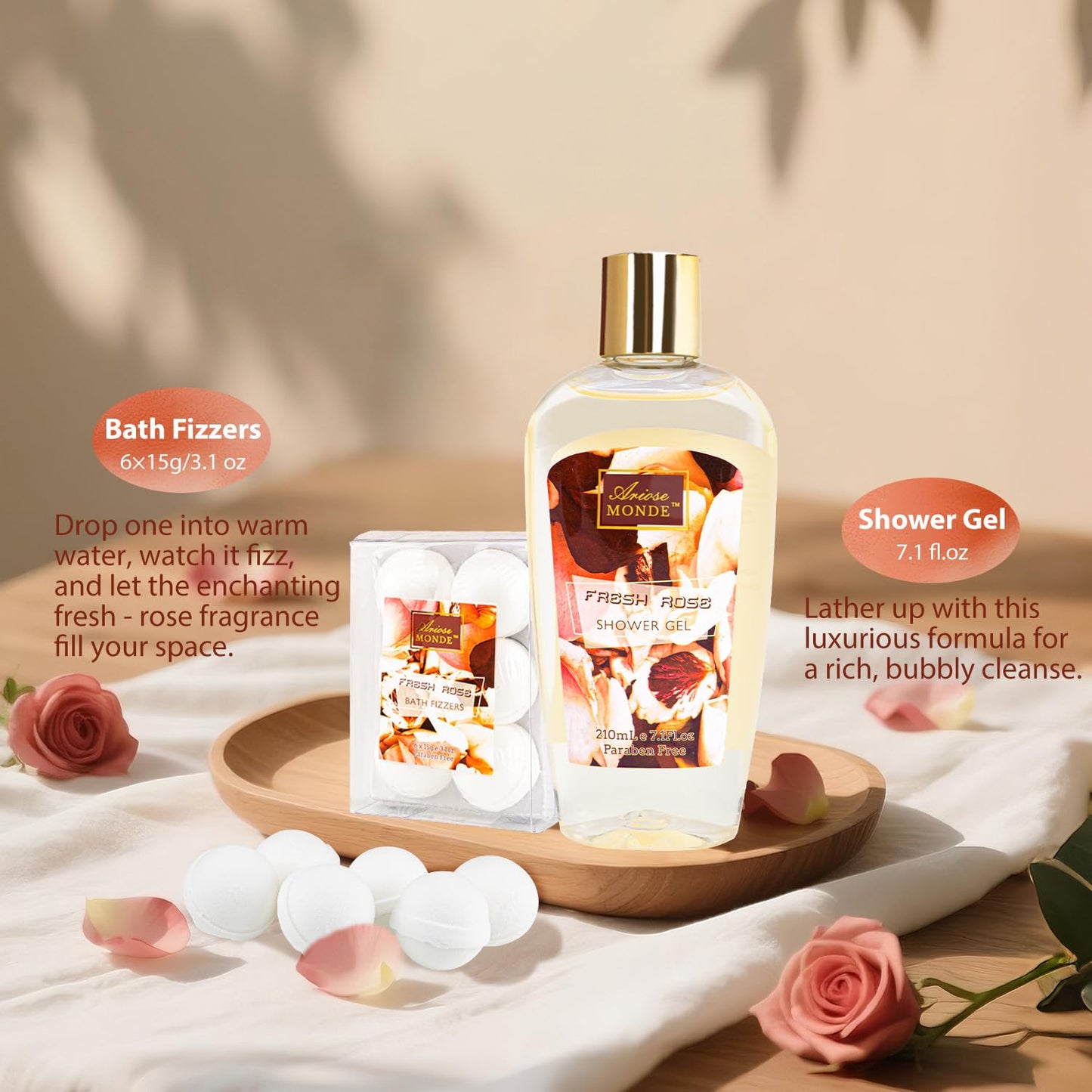 Fresh Rose Spa Gift Set for Women, 8-Piece Relaxing Bath Set with Shower Gel, Bubble Bath, Body Lotion, Self Care Gift for Any Occasion, Birthday Gifts for Women, Spa Kit for Mom Gifts