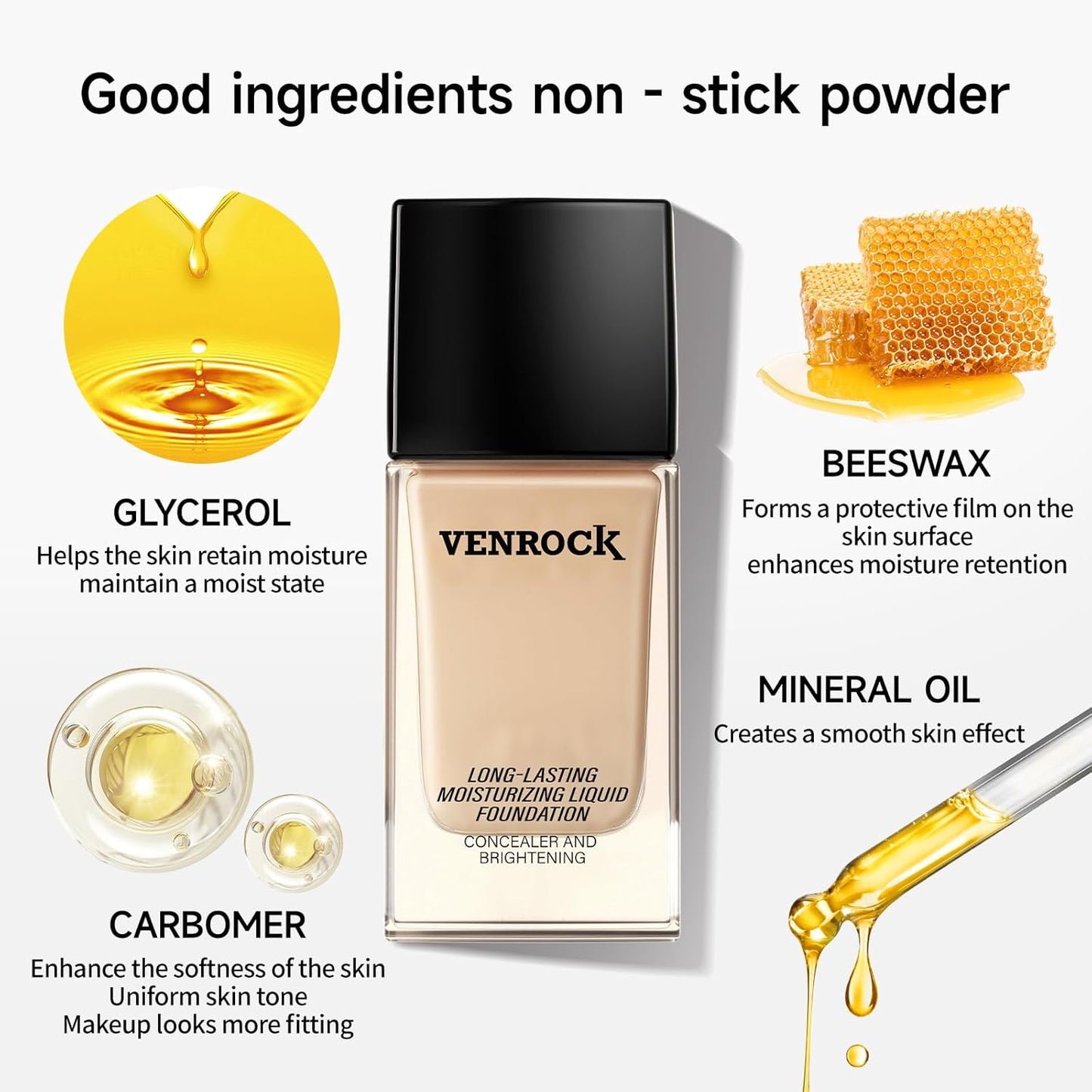 VENROCK 24HR Long-Lasting Moisturizing Liquid Foundation | Radiant, Waterproof, Concealing & Oil-Control (01# Ivory White, 30ml)