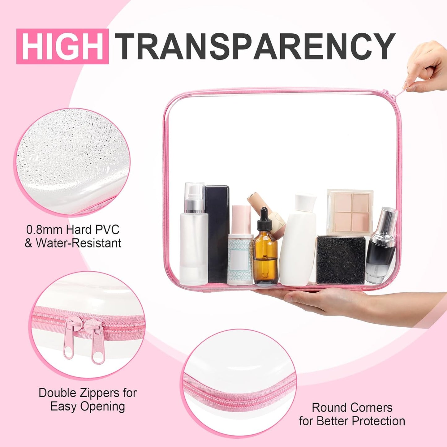 Hoolerry 3 Pcs Clear Hard Zipper Case Plastic Pouch Transparent Hard Case Clear Makeup Bag Portable Travel Organizer Bin for Cosmetics, Building Blocks, Puzzles(Pink,L)