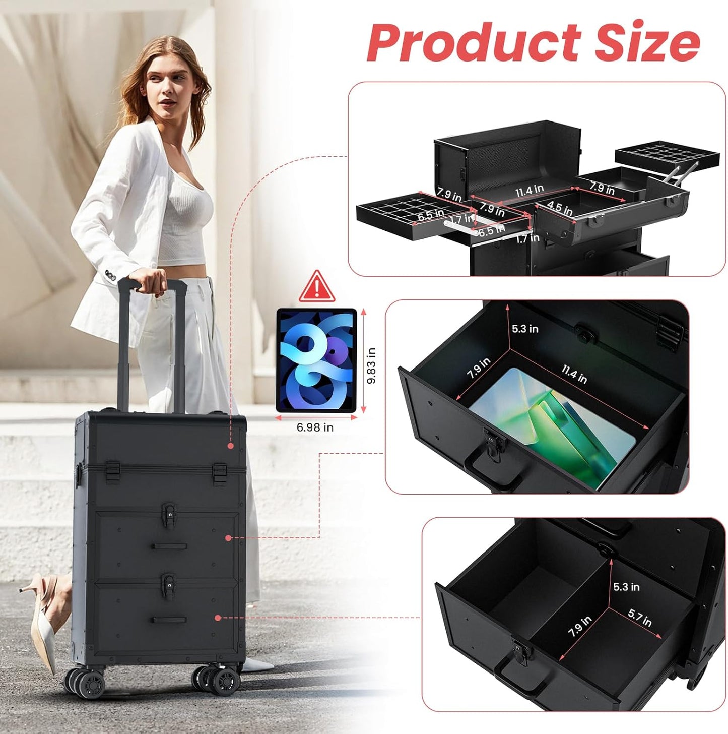 Large Rolling Makeup Train Case, Professional Travel Cosmetology Case on Wheels with Drawers, 3 Tiers Nail Organizers Storage Case for Nail Tech, Tattoo, Hairstylist, Makeup, Extra Large
