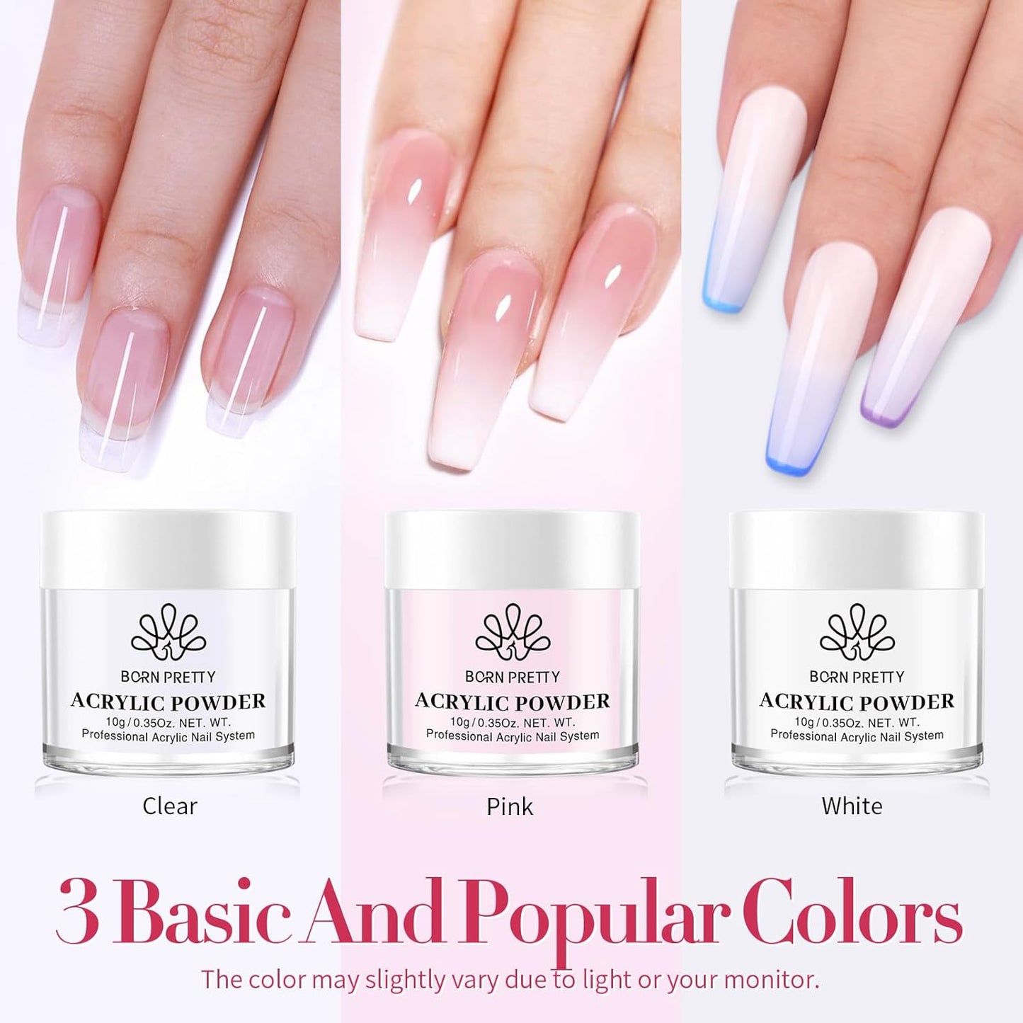 BORN PRETTY Acrylic Nail Kit - Acrylic Powder (Clear, White, Pink) & Liquid Set with Nail Forms, Brush Pen, File & Glass Container - Beginner Friendly