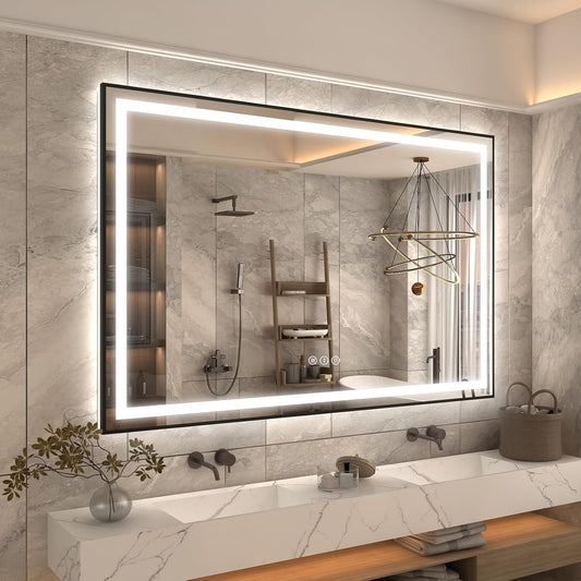 OKPAL 60x40 Black LED Bathroom Mirror, Lighted Bathroom Mirrors with Lights, Front Light and Backlit, Lighted Vanity Mirror, Dimmable, Anti-Fog, Shatterproof, ETL Listed (Horizontal/Vertical)