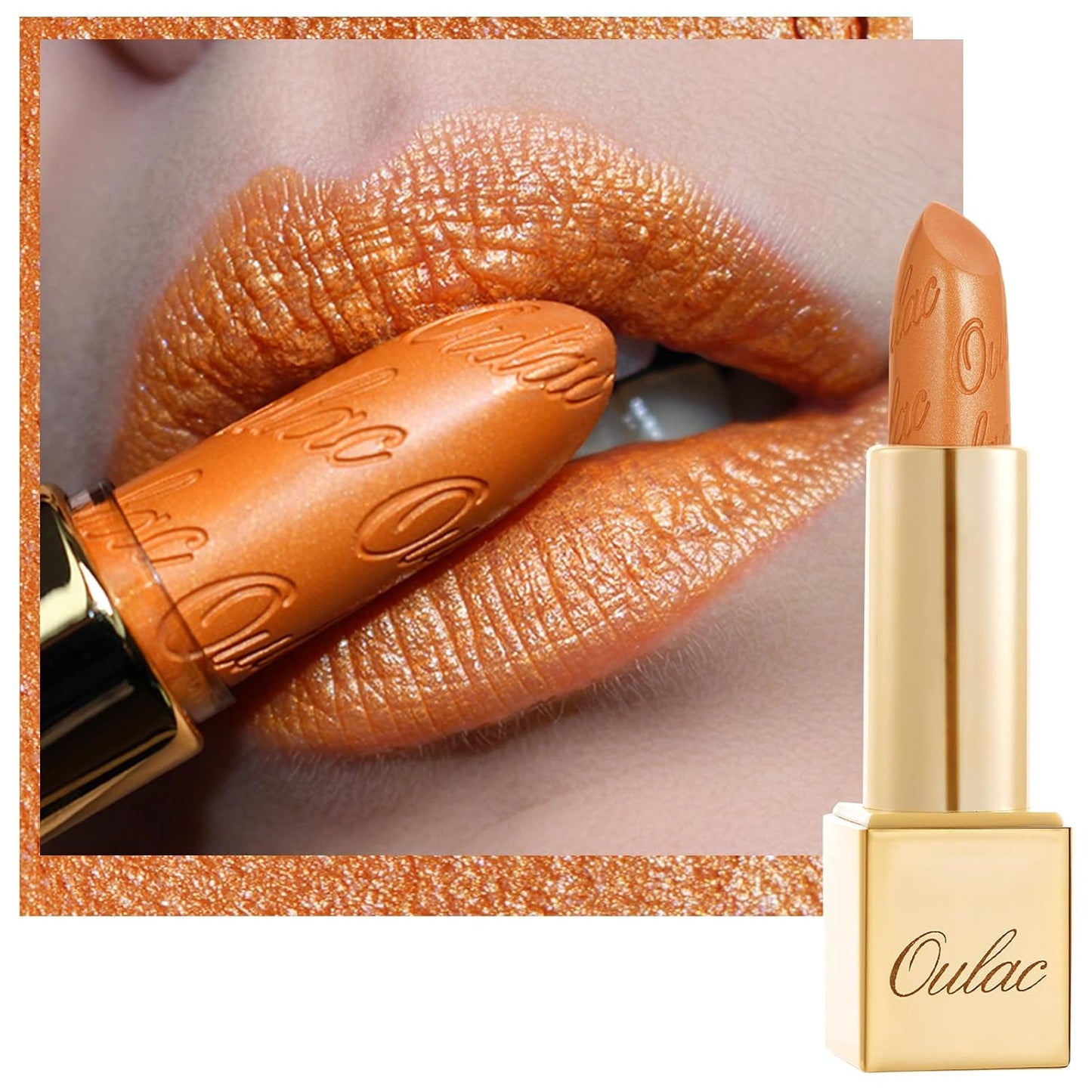 Oulac Pumpkin Color Lipstick with Metallic 3D Shine Hydrating Formula, High Impact Lip Color, Vegan Beauty, Full Coverage Lip Makeup, Christmas Gifts for Women, Persimmons(19)