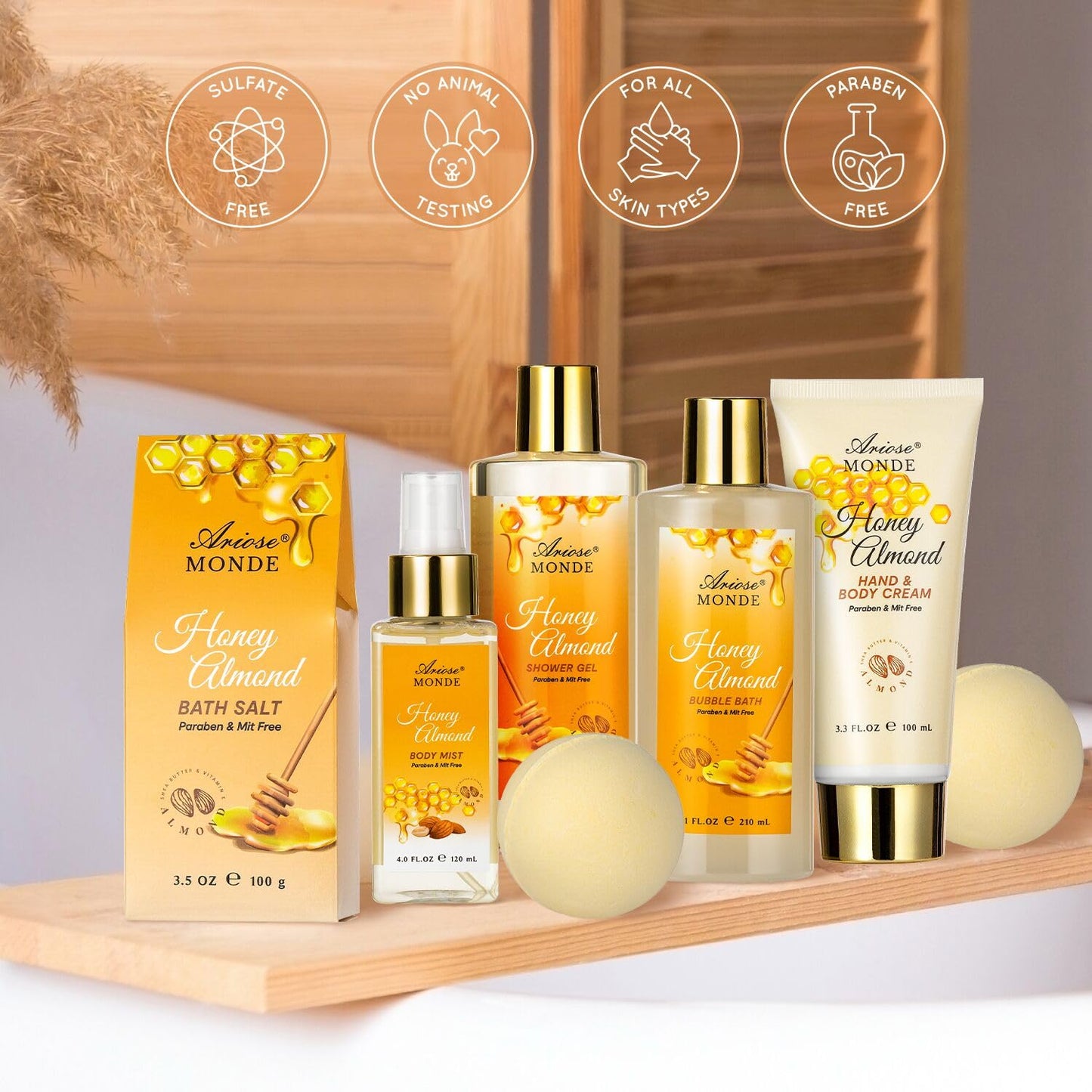 Bath & Body Gift Set, Luxury Home Spa Bath Gift Basket, Honey Almond Scented Bath Set, Pamper Gifts for Women & Teens, 15 Pcs Relaxing Home Spa Kit with Bubble Bath, Bath Salts, Body Lotion