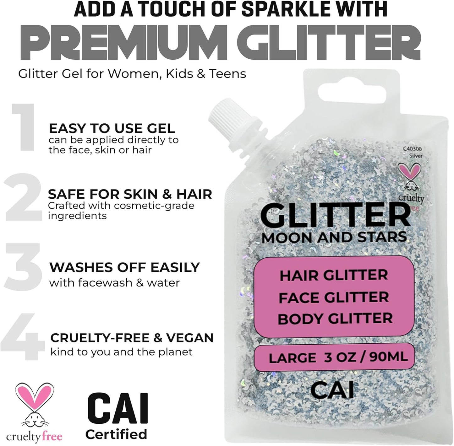Face, Body & Hair Glitter Gel – Halloween Glitter for Kids and Women – 3 Oz Cosmetic-Grade Gel w/Moon & Stars for Festivals & Halloween Party, Easy Apply & Wash Off - Silver/Gold 2Pack