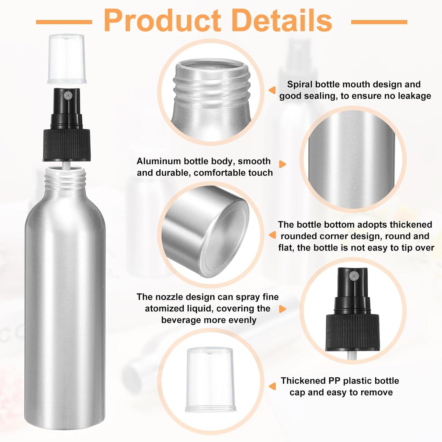 HARFINGTON 5pcs Aluminum Fine Mist Spray Bottles 150ml/5oz Metal Small Liquid Alcohol Refillable Travel Container with Black Plastic Nozzle Cap for Perfume Skincare Cosmetic Storage Bottle